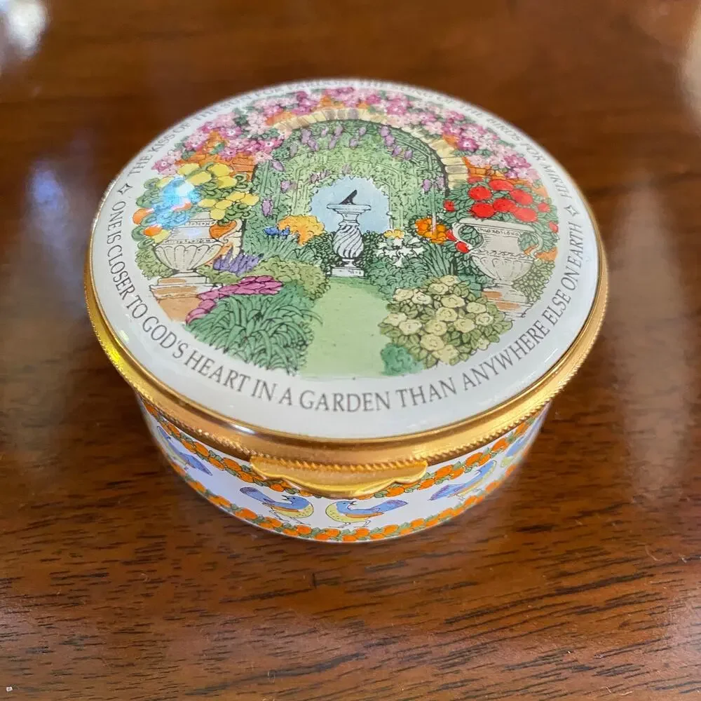 Staffordshire Enamels England God's Garden Floral Trinket Pill Box Vintage